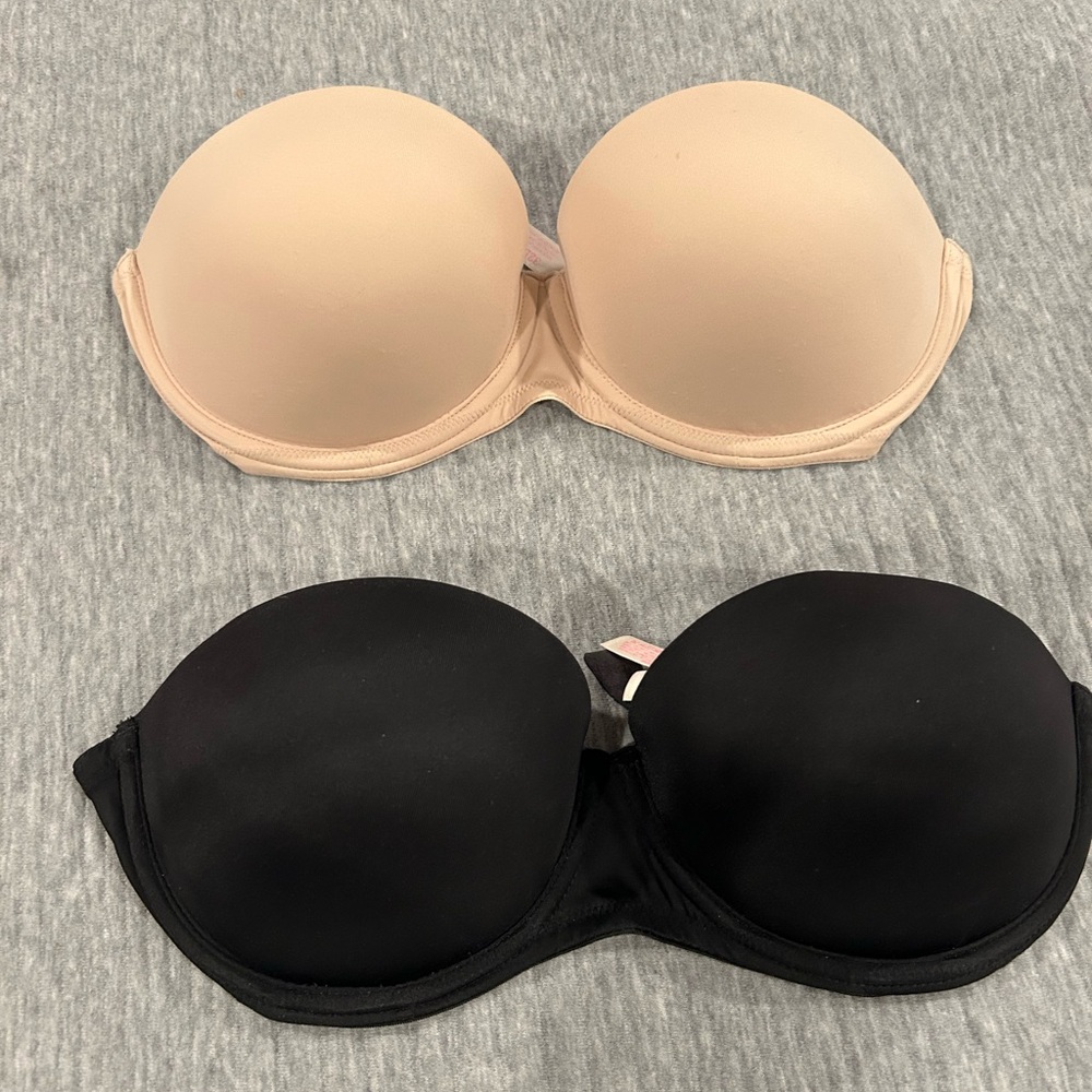 Victoria's Secret Pink Wear Everywhere Push Up Strapless Bras. 32D. 1 Blk 1 Nude